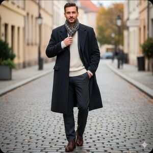 Tailors Row Men's Charcoal Wool Cashmere Nylon Overcoat Size 46L Classic Winter